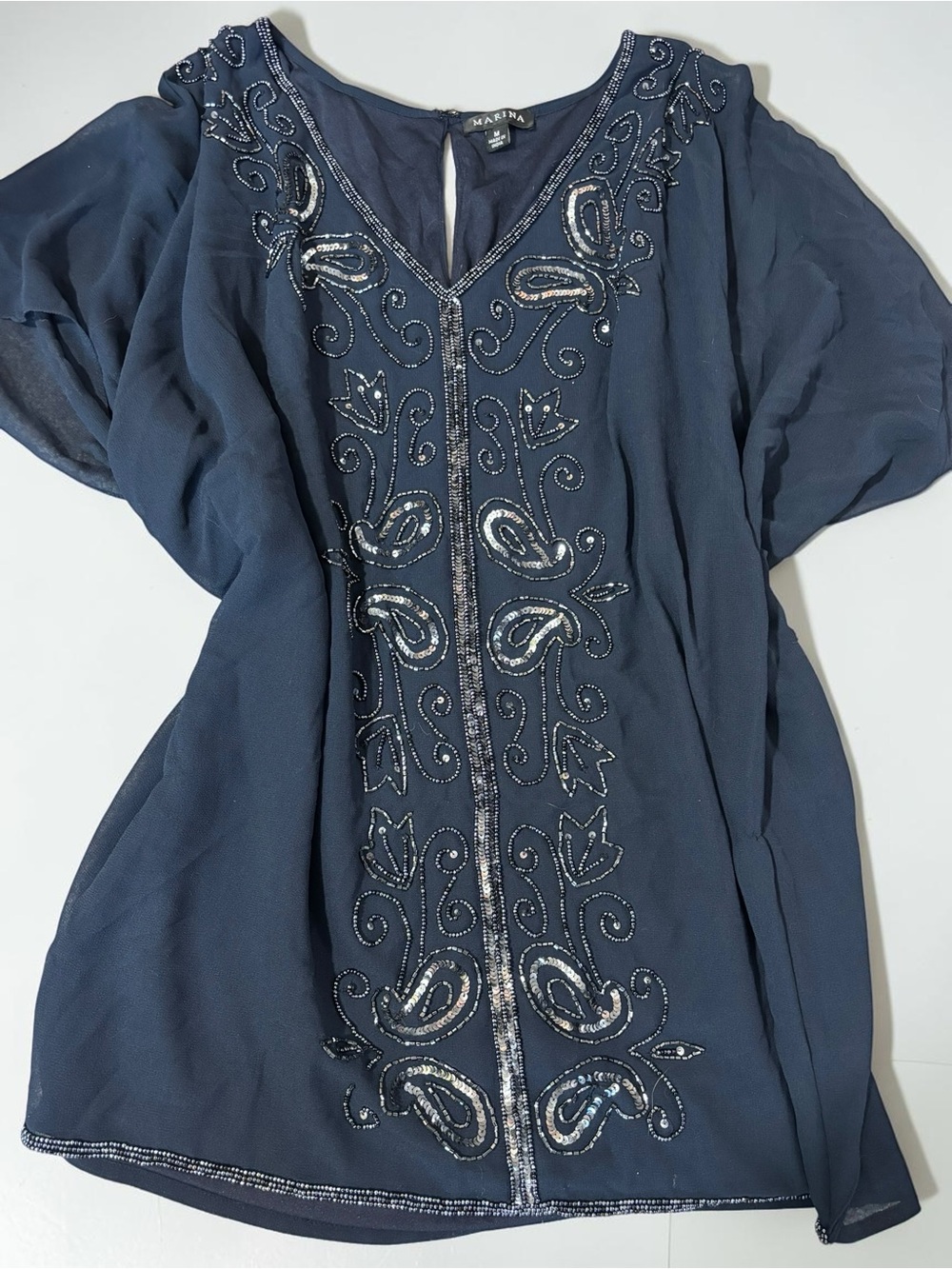 Marina Navy Sheer Beaded Sequin Tunic Top Bedazzled Y2K Glam M - Picture 5 of 12